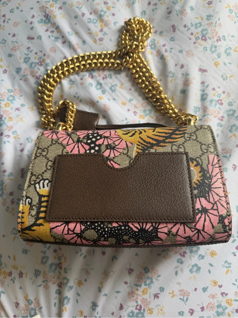 Gucci Pink Floral Tiger GG Canvas Crossbody with Gold Hardware